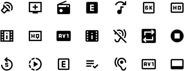 Minimalist video player settings vector icons in black on white background with simple geometric shapes