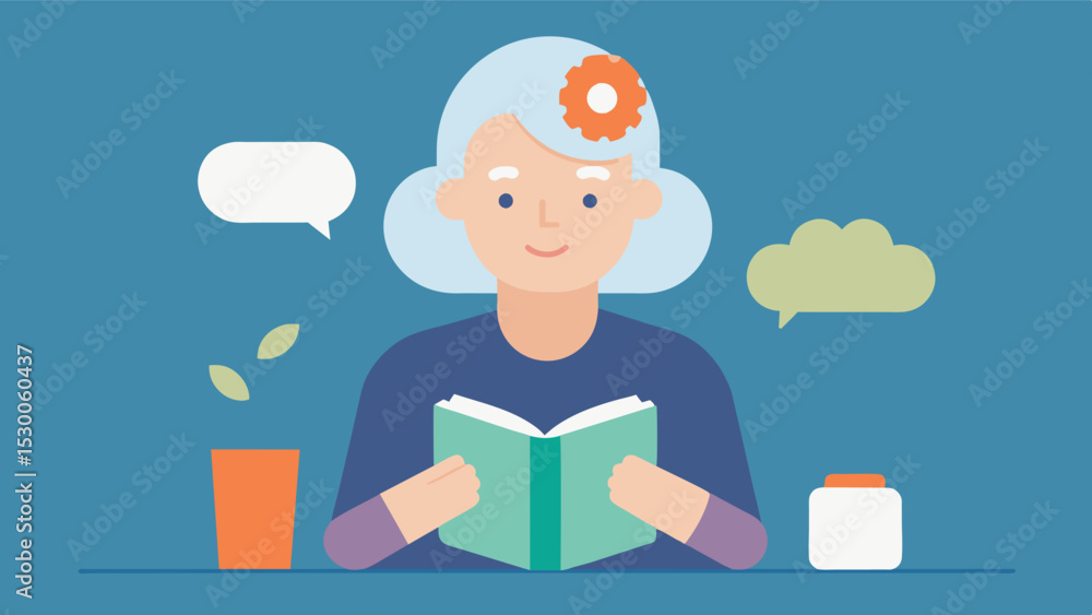 Poster an illustration of an older person reading a book and taking brain health supplements with the messa