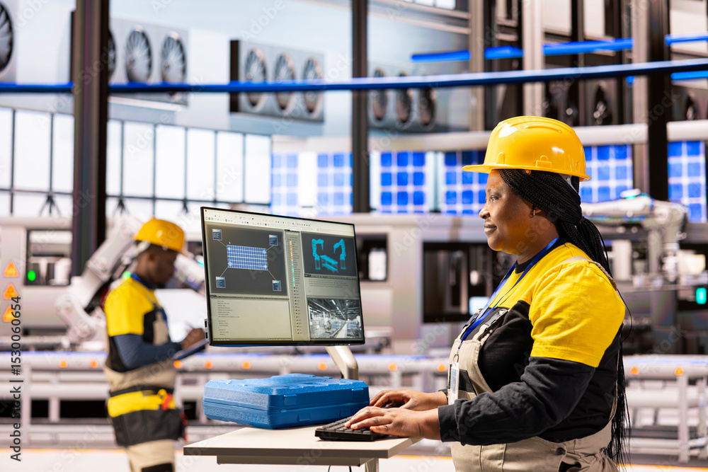 Poster automation engineer maintaining solar panel software in industrial facility. professional female tec
