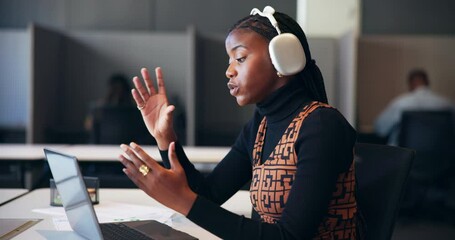 Video call, talking and business woman with laptop in virtual meeting for content writing proposal. Online conference, webinar or worker on pc with headphones for copywriting idea in creative startup - Powered by Adobe