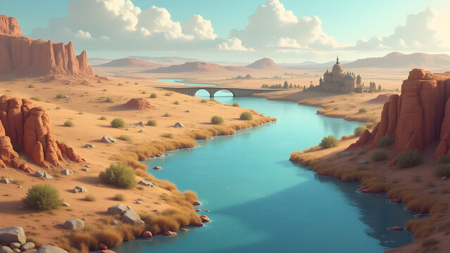 River Flows Through Arid Landscape with Distant Buildings and Bridge