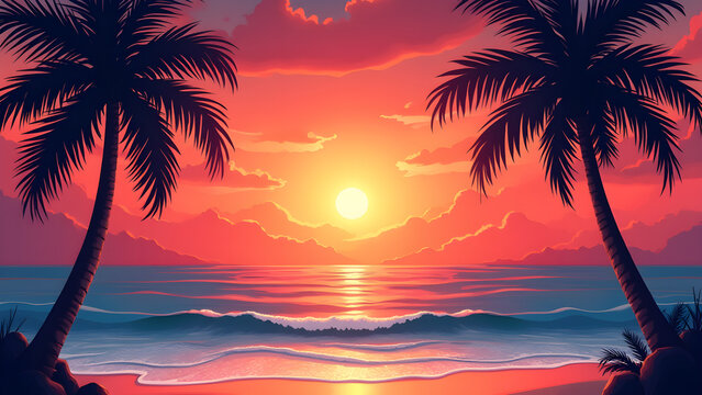Colorful Sunset With Beach And Palm Trees
