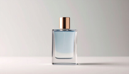 Elegant, clear glass perfume bottle with a golden cap on a clean, minimalist studio background, ideal for fragrance mockups and luxury beauty concepts.