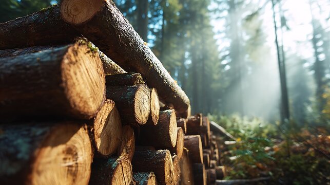 Stack of logs showcasing forestry within a forest landscape with sunlit ambience