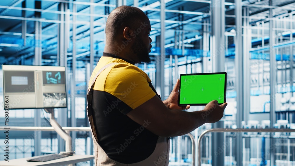 Aufkleber smart factory engineer oversees operation of robotic arms and conveyor belts using green screen tabl