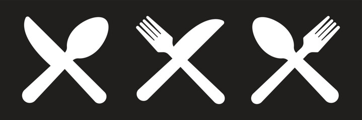 Spoon, knife, fork icon set. Silverware solid monochrome icon set. eps 10.