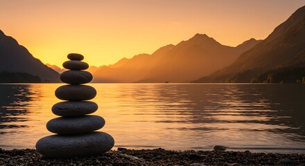 Zen Stone Stack on Beach at Sunset with Mountain and Lake Views