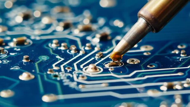 Macro Shot of Soldering Iron Repairing Electronic Circuit Board Component