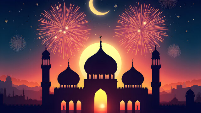 Eid Mubarak Celebration Banner Featuring Mosque and Vibrant Fireworks