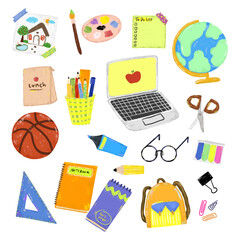 Cute set of colorful hand drawn back to school campus college elements in pastel bright vibrant color doodle kids teenager journal illustration watercolour crayon clipart vector