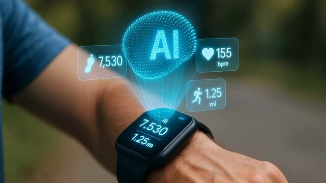 Person checking health data on smartwatch with ai interface showing steps and heart rate data 4k uhd video