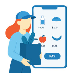 Flat Style Woman Holding Grocery Bag with Online Shopping Mobile App
