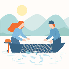 Flat Graphic People Fishing on a Boat with Natural Landscape