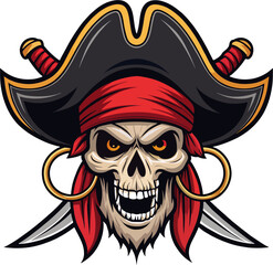Fierce Pirate Skull Vector Illustration with Red Bandana, Swords and Gold Hoop Earrings