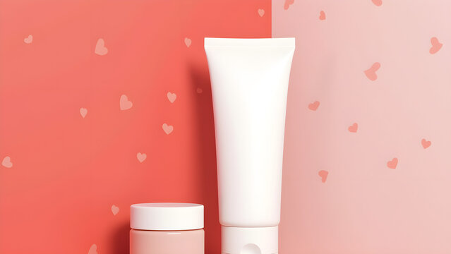 Mockup White Tube bright Bottle Cosmetic Jar background red paper hearts