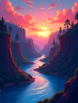 Stunning Colorful Canyon River Landscape Illustration Vibrant Sunset Sky Scenic Nature