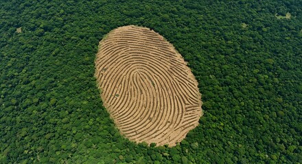 Surreal satellite view showing fingerprint-shaped deforestation scars in the middle of a dense forest. Lush green canopy vs. barren land, concept art about human footprints in the forest.