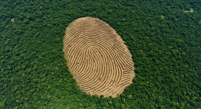 Surreal satellite view showing fingerprint-shaped deforestation scars in the middle of a dense forest. Lush green canopy vs. barren land, concept art about human footprints in the forest.