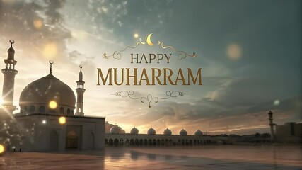 Happy Muharram Celebration Video with Mosque, Minarets, and Golden Text Against a Sunset Sky
