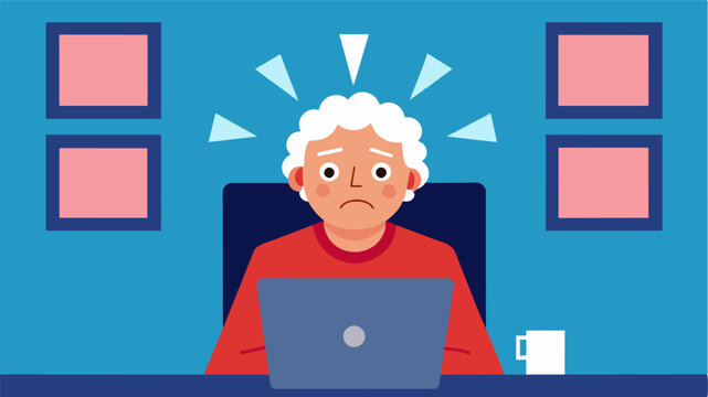 An elderly person looking overwhelmed and anxious with multiple popup windows opening on the computer causing sensory overload.. Vector illustration