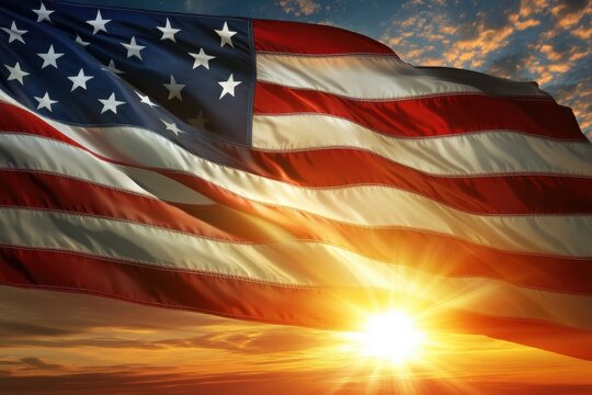 American flag with the sun setting in the background, symbolizing all of America's past and present significance Generative AI