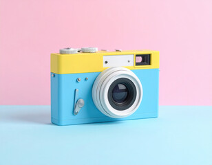 Vibrant vintage camera in soft palette of pinks and blues, showcasing playful design with retro aesthetic. This high fidelity image captures charm of classic photography