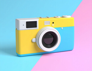 Vibrant digital rendering of vintage camera featuring playful color palette of yellow and blue, set against soft pink and blue background, evokes sense of nostalgia and creativity