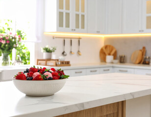 Beautiful bowl of fresh berries sits marble kitchen countertop, showcasing vibrant colors that evoke essence of summer. bright kitchen features modern cabinetry and natural light streaming