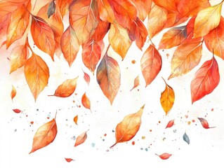 Watercolor painting of falling autumn leaves in shades of orange and red on a white background.  The leaves vary in size and orientation, creating a dynamic, seasonal scene