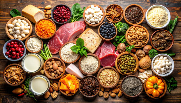 Vibrant array of nutrient rich foods including lean meats, leafy greens, legumes, nuts, seeds, and dairy products, showcasing healthy lifestyle and diverse diet