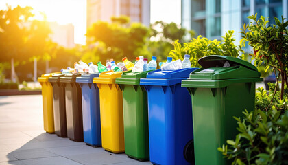 Vibrant array of recycling bins stands in sunlit urban setting, their colorful containers filled with plastic bottles, promoting environmental awareness and sustainability