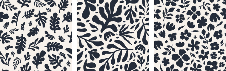 Modern floral seamless pattern set. Abstract shape leaf and flower organic botanical background collection for textile, fabric, wrapping paper, wallpaper. Black and white colors. Vector illustration