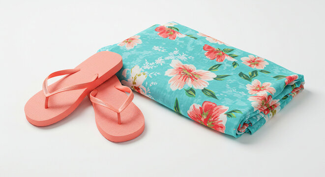 Chinelos e canga sobre fundo branco com sombra suave