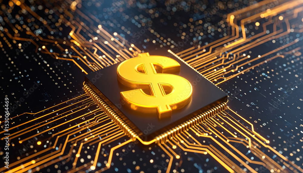 Poster digital dollar symbol embedded in circuit board, glowing with vibrant colors and intricate data stre