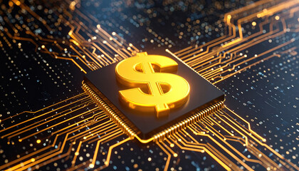 Digital dollar symbol embedded in circuit board, glowing with vibrant colors and intricate data streams, represents fusion of finance and technology in modern world