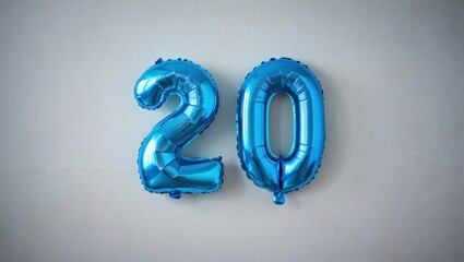 Shiny Blue Number 20 Balloons Against a Grey Wall: Celebration, Anniversary, Birthday, Two Decades, Party Decorations, Minimalist Style