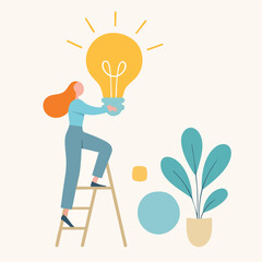 Flat Illustration Woman Climbing Ladder Holding Lightbulb Idea Concept