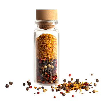 Photorealistic Spicy Taco Seasoning in Glass Vial with Loose Peppercorns &ndash; Isolated on Transparent Background