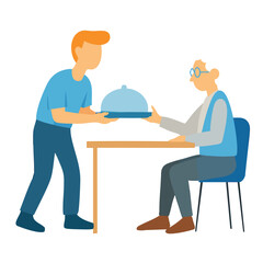 Flat Illustration of Young Man Helping Senior Man Eating Food