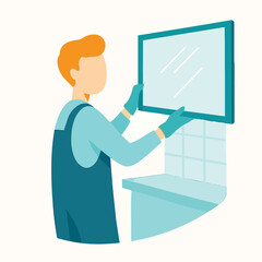 Flat Illustration Man Installing Mirror Above Bathroom Sink During Renovation