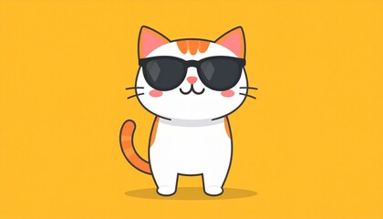 Cute cartoon Cat Wearing Sunglasses on a Yellow Background 