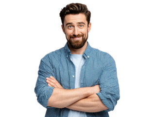 Beaming Confidence: A handsome man, his arms crossed confidently, exudes approachability and positive energy. Capturing his friendly expression and relaxed posture