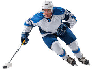 Ice Hockey Player on the Move: A dynamic ice hockey player skates with agility and focus, embodying the raw intensity and grace of the sport, ready to score and leading to victory.