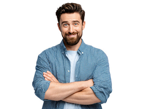 Beaming Confidence: A handsome man, his arms crossed confidently, exudes approachability and positive energy. Capturing his friendly expression and relaxed posture