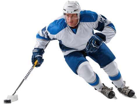 Ice Hockey Player on the Move: A dynamic ice hockey player skates with agility and focus, embodying the raw intensity and grace of the sport, ready to score and leading to victory.