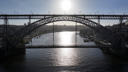 Luis I Bridge At Porto In District Of Porto Portugal. Downtown District. Medieval Buildings. Historical City Scene. Luis I Bridge At District Of Porto In Portugal. Tourism Landmarks.