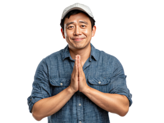 Grateful Gesture: A man is captured in a studio shot, hands clasped together in a pose of respect and gratitude, wearing a denim shirt, embodying humility and kindness.