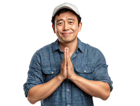 Grateful Gesture: A man is captured in a studio shot, hands clasped together in a pose of respect and gratitude, wearing a denim shirt, embodying humility and kindness.