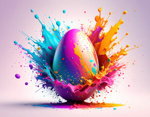 Vibrant Easter egg surrounded by splash of colorful paint, showcasing creativity and joy. dynamic colors create energetic and festive atmosphere, perfect for celebrations