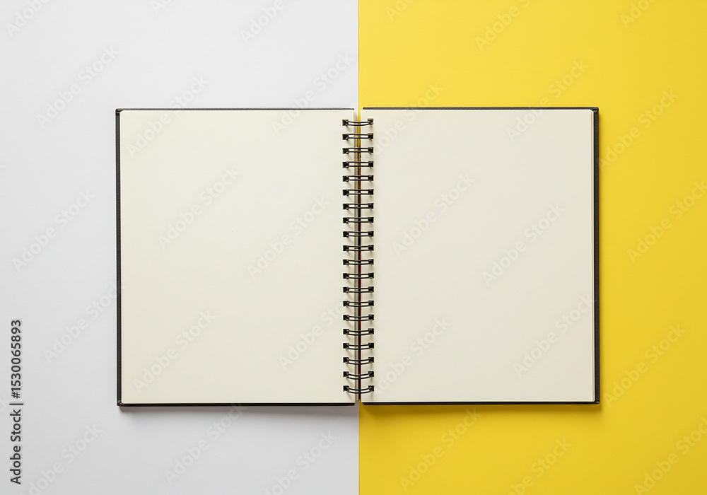 Poster open notebook with blank pages on yellow and white background